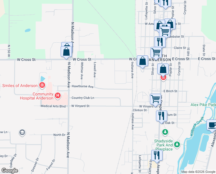 map of restaurants, bars, coffee shops, grocery stores, and more near 604 Hawthorne Avenue in Anderson
