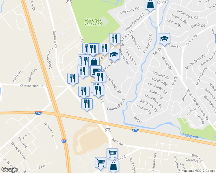 map of restaurants, bars, coffee shops, grocery stores, and more near 38 Plumtree Road in Levittown