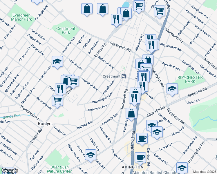 map of restaurants, bars, coffee shops, grocery stores, and more near Franklin Avenue in Willow Grove