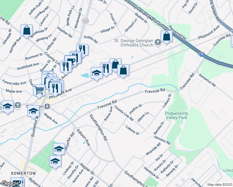 map of restaurants, bars, coffee shops, grocery stores, and more near 16 Trevose Road in Feasterville-Trevose
