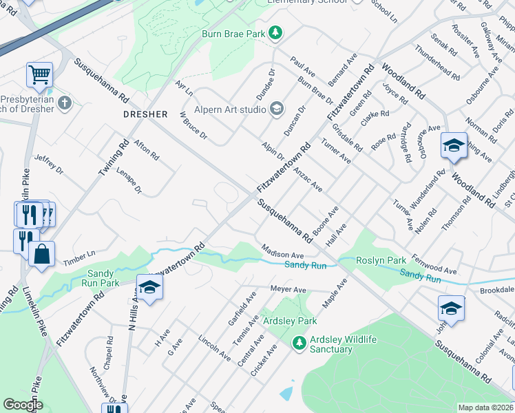 map of restaurants, bars, coffee shops, grocery stores, and more near 1050 Fitzwatertown Road in Dresher