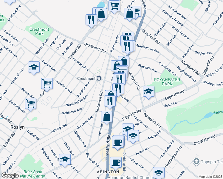 map of restaurants, bars, coffee shops, grocery stores, and more near 1711 Ferndale Avenue in Montgomery County