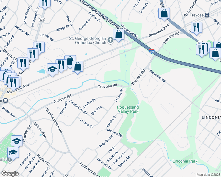 map of restaurants, bars, coffee shops, grocery stores, and more near 129 Trevose Road in Trevose