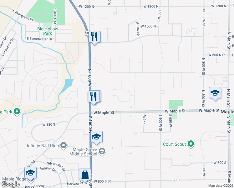 map of restaurants, bars, coffee shops, grocery stores, and more near 1254 West 190 in Mapleton