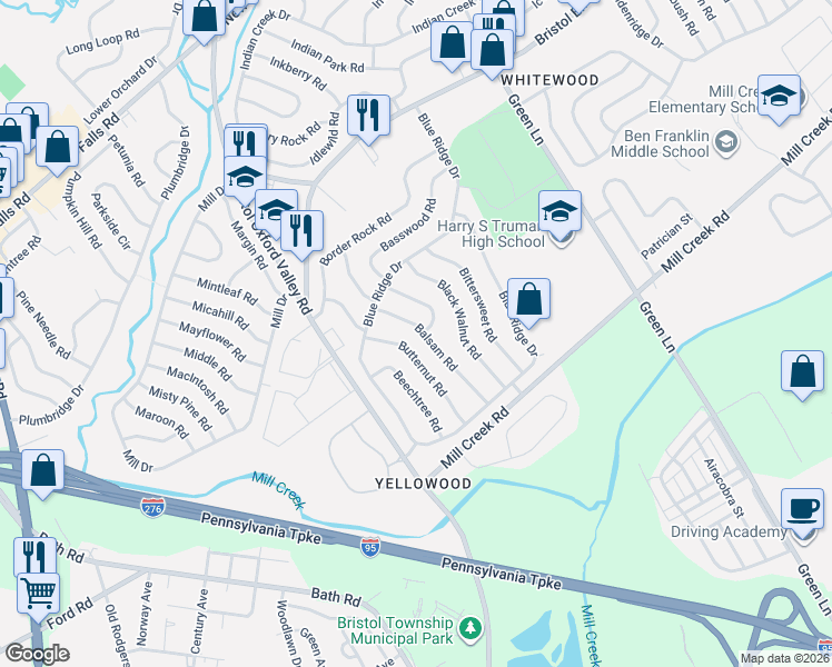 map of restaurants, bars, coffee shops, grocery stores, and more near 5 Broadleaf Road in Levittown