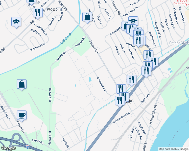 map of restaurants, bars, coffee shops, grocery stores, and more near 50B Woodside Avenue in Levittown