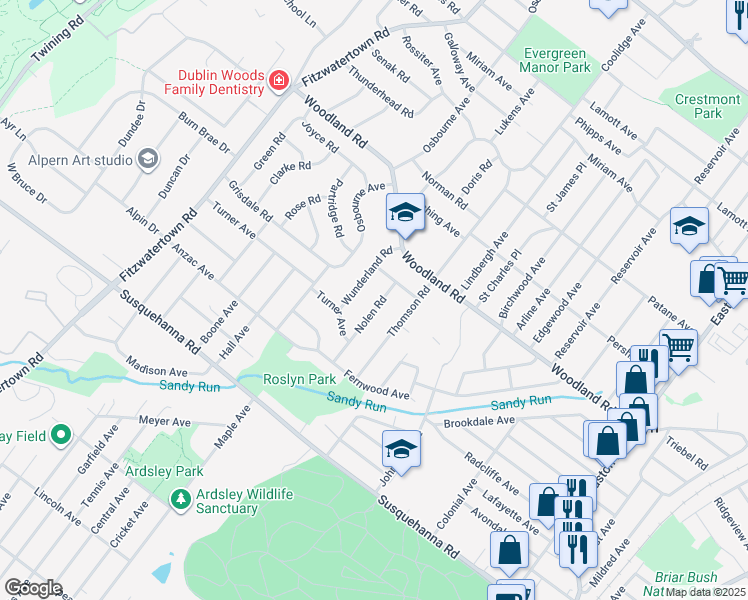 map of restaurants, bars, coffee shops, grocery stores, and more near 1266 Nolen Road in Abington