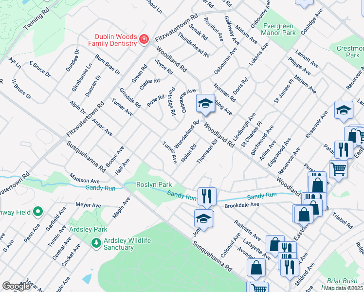 map of restaurants, bars, coffee shops, grocery stores, and more near 1257 Wunderland Road in Roslyn