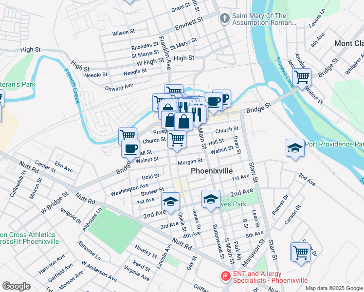 map of restaurants, bars, coffee shops, grocery stores, and more near 251 Hall Street in Phoenixville