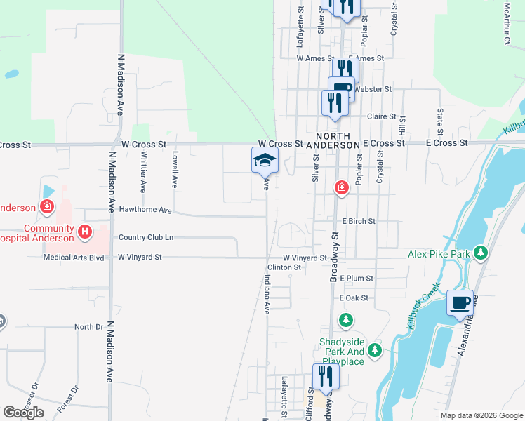 map of restaurants, bars, coffee shops, grocery stores, and more near 318 Hawthorne Avenue in Anderson