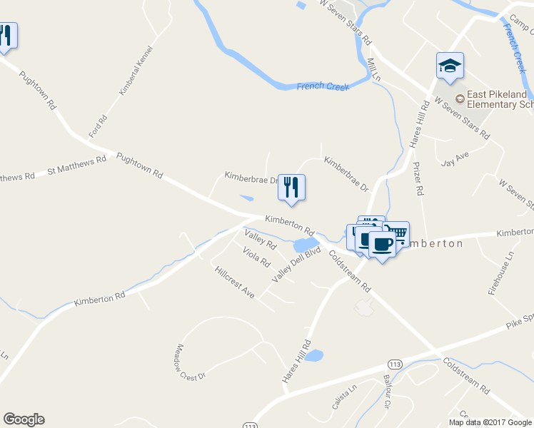 map of restaurants, bars, coffee shops, grocery stores, and more near 2021 Kimberton Road in Phoenixville