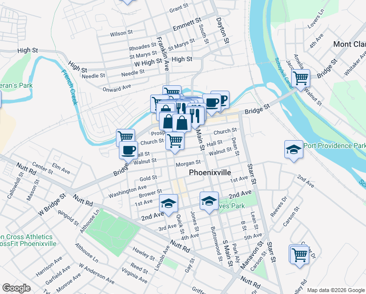 map of restaurants, bars, coffee shops, grocery stores, and more near 242 Church Street in Phoenixville