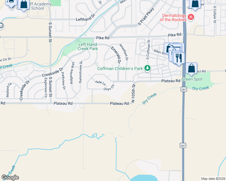 map of restaurants, bars, coffee shops, grocery stores, and more near 1541 Onyx Circle in Longmont