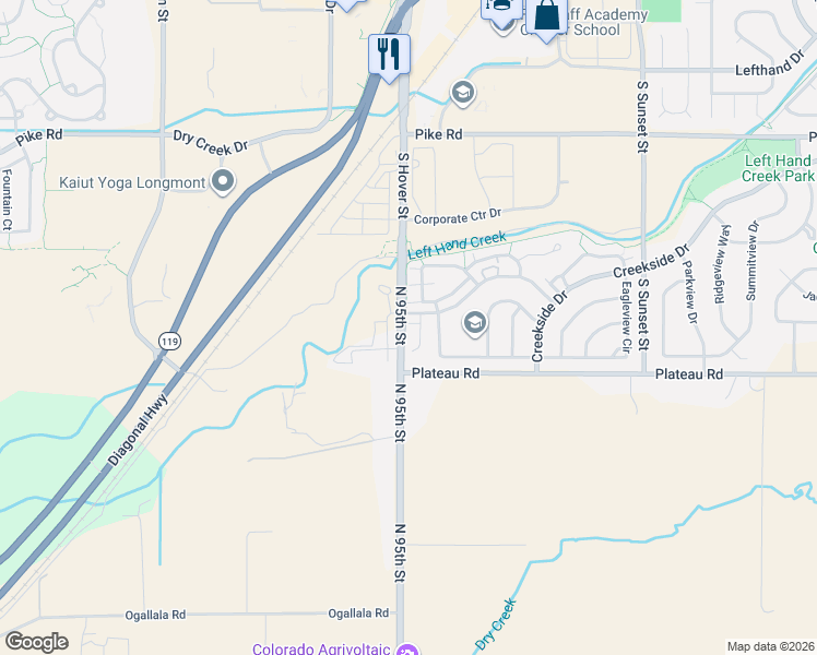 map of restaurants, bars, coffee shops, grocery stores, and more near 2271 Watersong Circle in Longmont