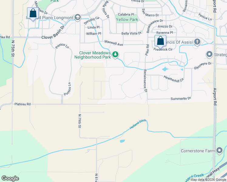 map of restaurants, bars, coffee shops, grocery stores, and more near 2255 Plateau Court in Longmont