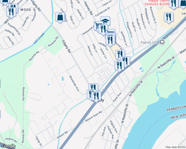 map of restaurants, bars, coffee shops, grocery stores, and more near 10 Jade Lane in Levittown