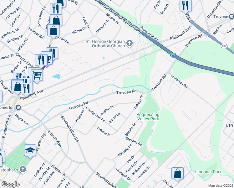 map of restaurants, bars, coffee shops, grocery stores, and more near 117 Trevose Road in Feasterville-Trevose