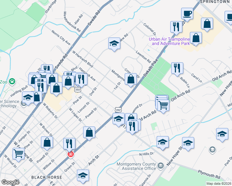 map of restaurants, bars, coffee shops, grocery stores, and more near 38 West Hartranft Boulevard in Norristown