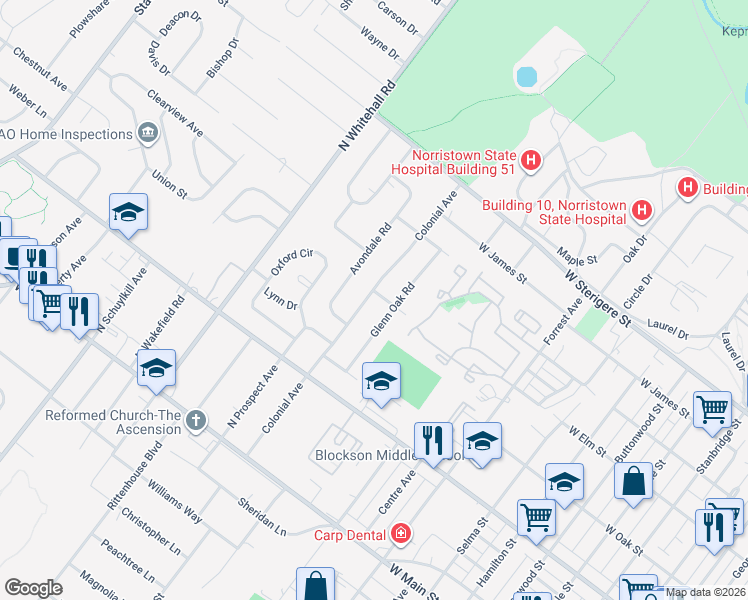 map of restaurants, bars, coffee shops, grocery stores, and more near 133 Colonial Avenue in Eagleville