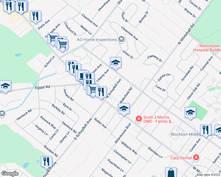 map of restaurants, bars, coffee shops, grocery stores, and more near 47 North Schuylkill Avenue in Norristown