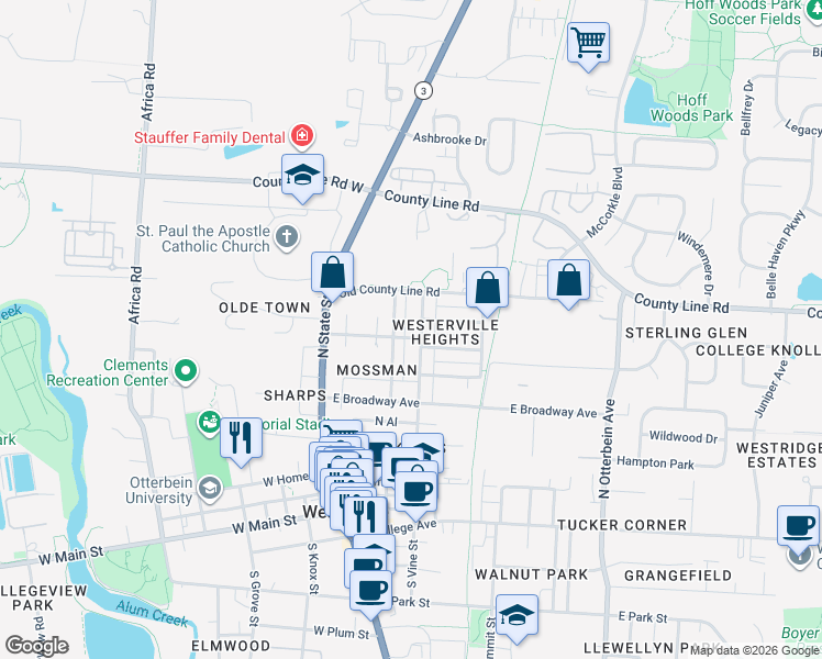 map of restaurants, bars, coffee shops, grocery stores, and more near 231 North Vine Street in Westerville