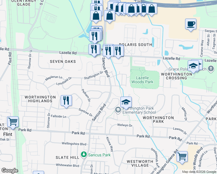 map of restaurants, bars, coffee shops, grocery stores, and more near 1010 Philadelphia Drive in Westerville