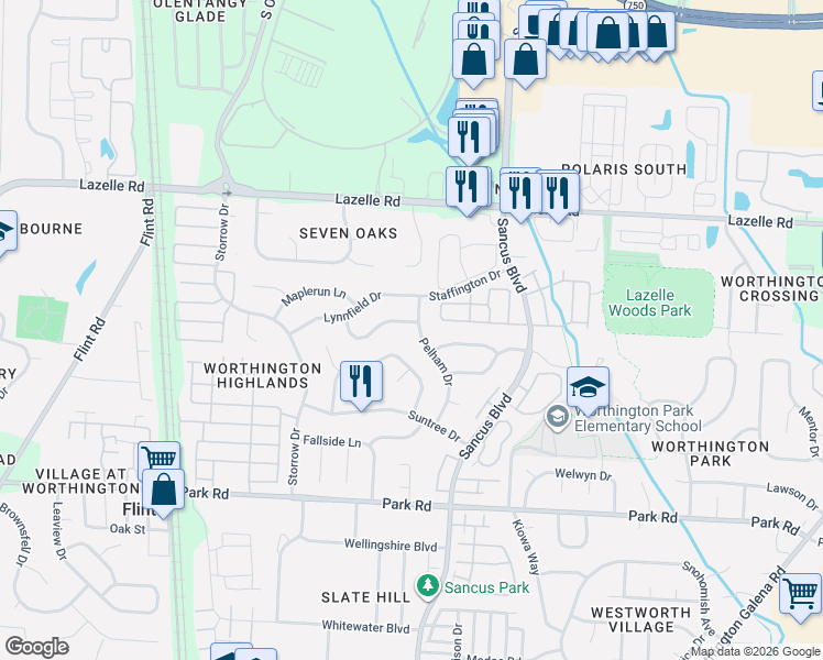 map of restaurants, bars, coffee shops, grocery stores, and more near 8190 Pelham Drive in Westerville