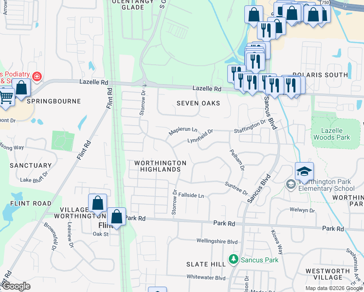 map of restaurants, bars, coffee shops, grocery stores, and more near 664 Lynnfield Drive in Westerville