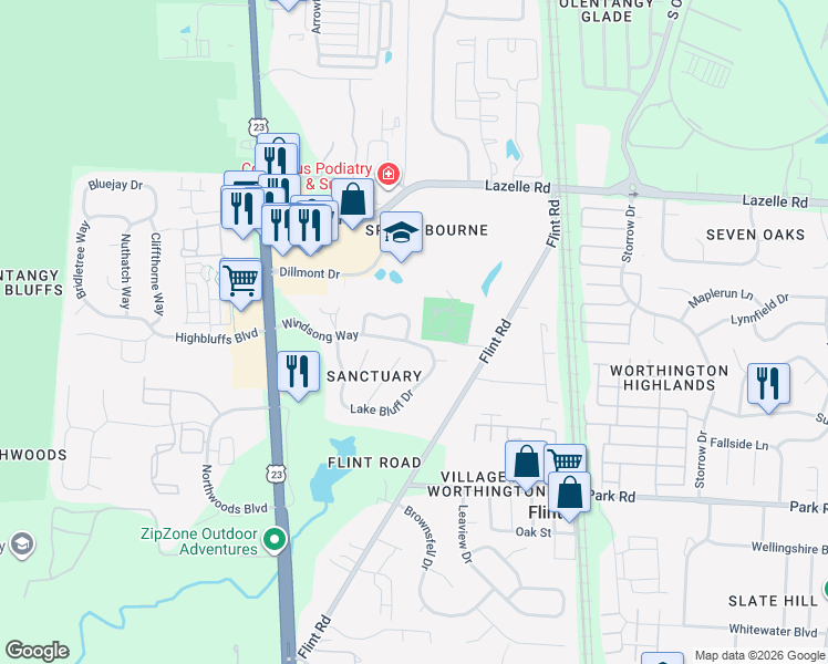 map of restaurants, bars, coffee shops, grocery stores, and more near 221 Green Springs Drive in Columbus