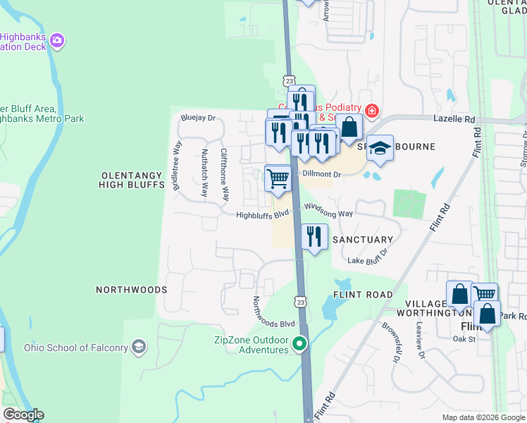 map of restaurants, bars, coffee shops, grocery stores, and more near 8288 Linton Boulevard in Columbus