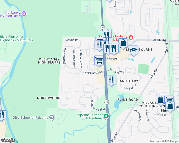 map of restaurants, bars, coffee shops, grocery stores, and more near 8288 Linton Boulevard in Columbus