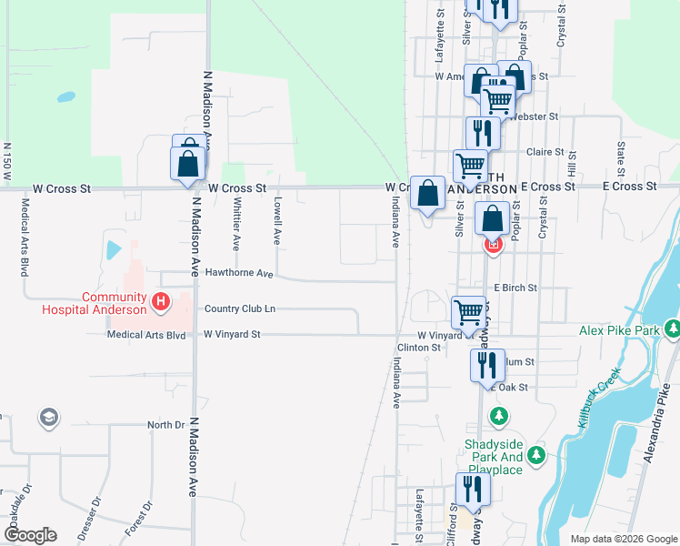 map of restaurants, bars, coffee shops, grocery stores, and more near 514 Hawthorne Avenue in Anderson