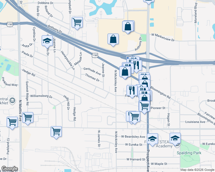 map of restaurants, bars, coffee shops, grocery stores, and more near 1610 Jeanne Street in Champaign