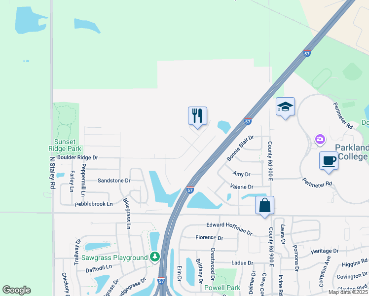 map of restaurants, bars, coffee shops, grocery stores, and more near 1507 Greyrock Lane in Champaign