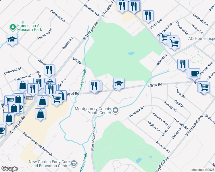 map of restaurants, bars, coffee shops, grocery stores, and more near 116 Golf Cart Drive in Norristown