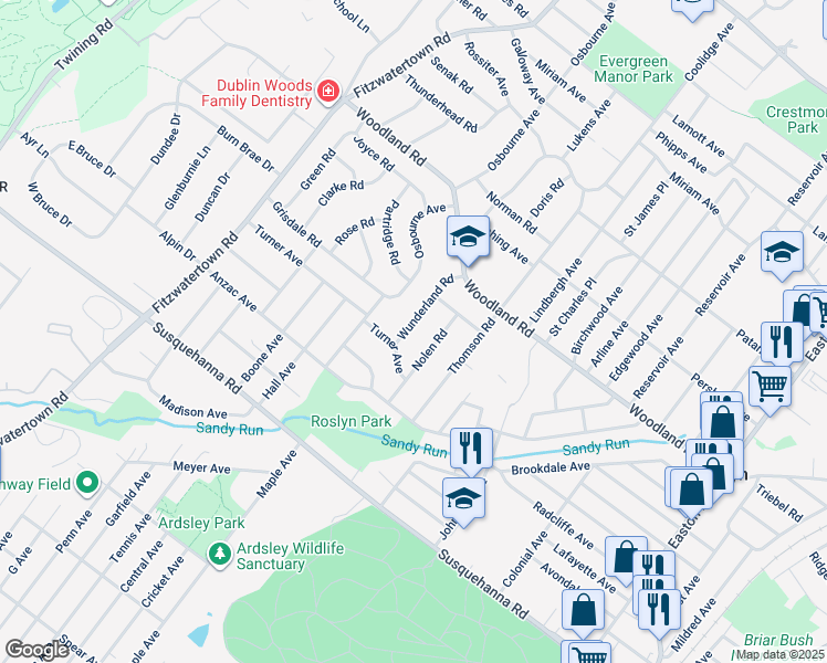 map of restaurants, bars, coffee shops, grocery stores, and more near 1257 Wunderland Road in Roslyn