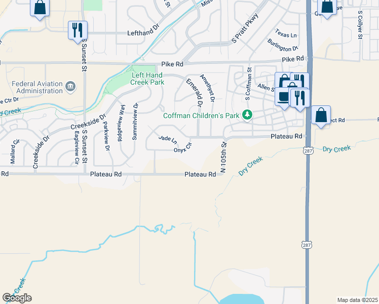 map of restaurants, bars, coffee shops, grocery stores, and more near 1535 Onyx Circle in Longmont