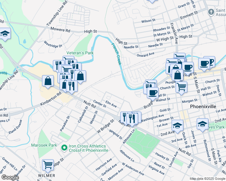 map of restaurants, bars, coffee shops, grocery stores, and more near 723 Wheatland Street in Phoenixville