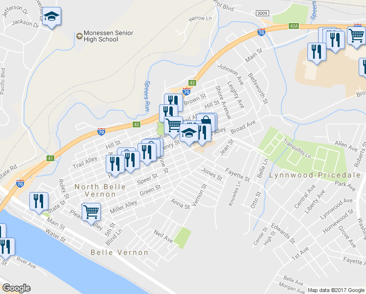 map of restaurants, bars, coffee shops, grocery stores, and more near 112 Fayette Avenue in Belle Vernon