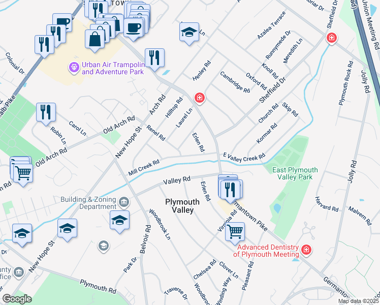 map of restaurants, bars, coffee shops, grocery stores, and more near 17 Mill Creek Road in Plymouth Meeting