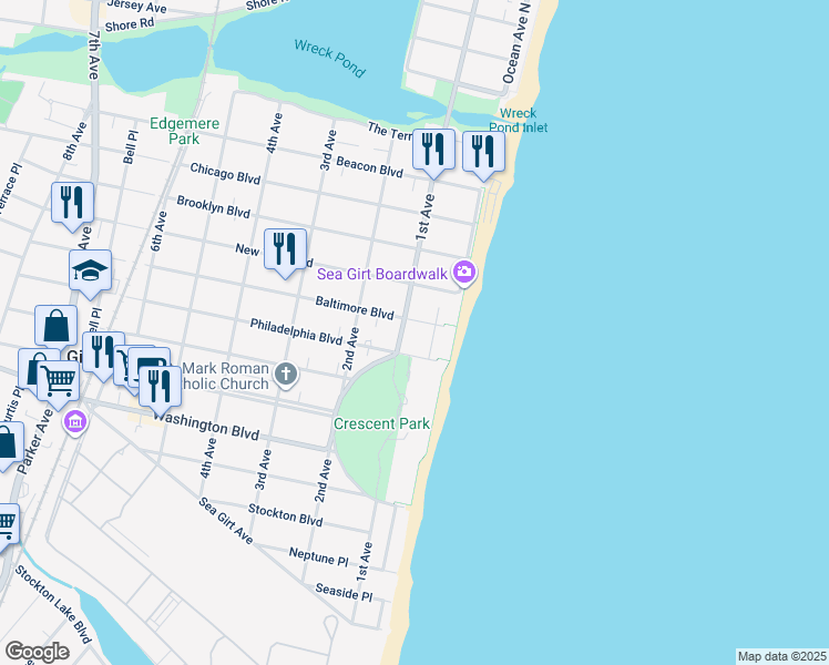 map of restaurants, bars, coffee shops, grocery stores, and more near 7 Baltimore Boulevard in Sea Girt