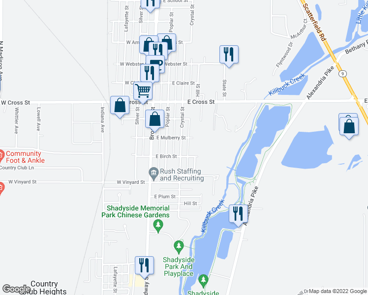 map of restaurants, bars, coffee shops, grocery stores, and more near 1718 Crystal Street in Anderson