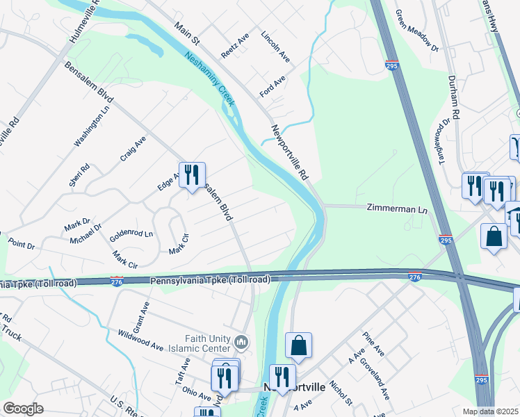 map of restaurants, bars, coffee shops, grocery stores, and more near 6414 Crescent Avenue in Bensalem
