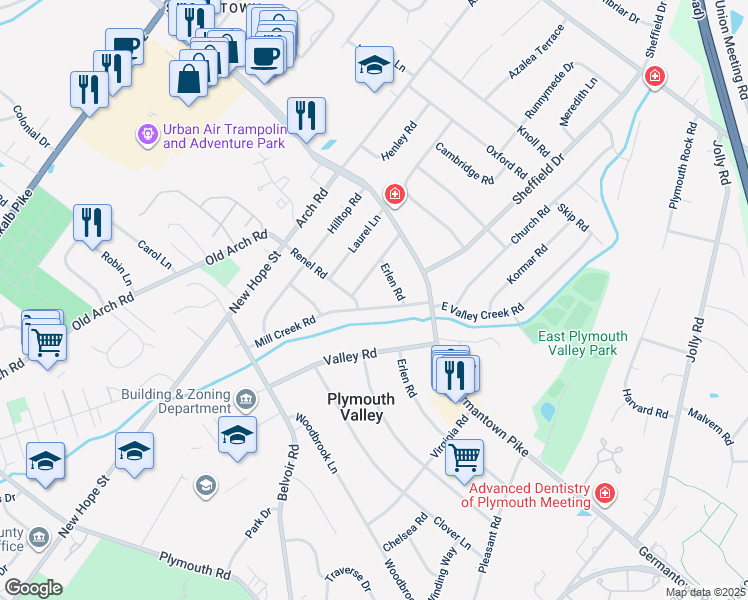 map of restaurants, bars, coffee shops, grocery stores, and more near 17 Mill Creek Road in Plymouth Meeting