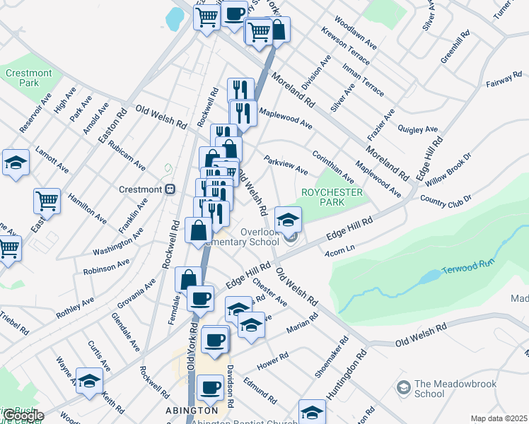 map of restaurants, bars, coffee shops, grocery stores, and more near 1133 Cleveland Avenue in Abington