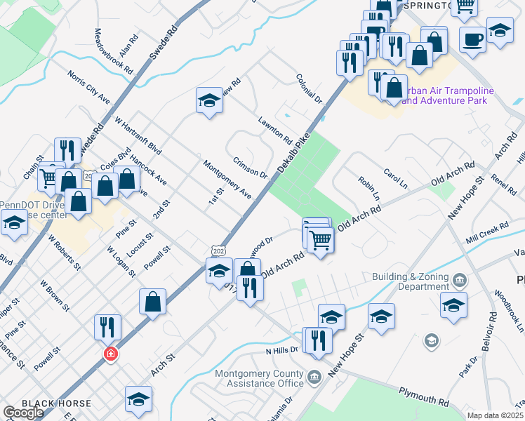 map of restaurants, bars, coffee shops, grocery stores, and more near 2300 Dekalb Pike in East Norriton