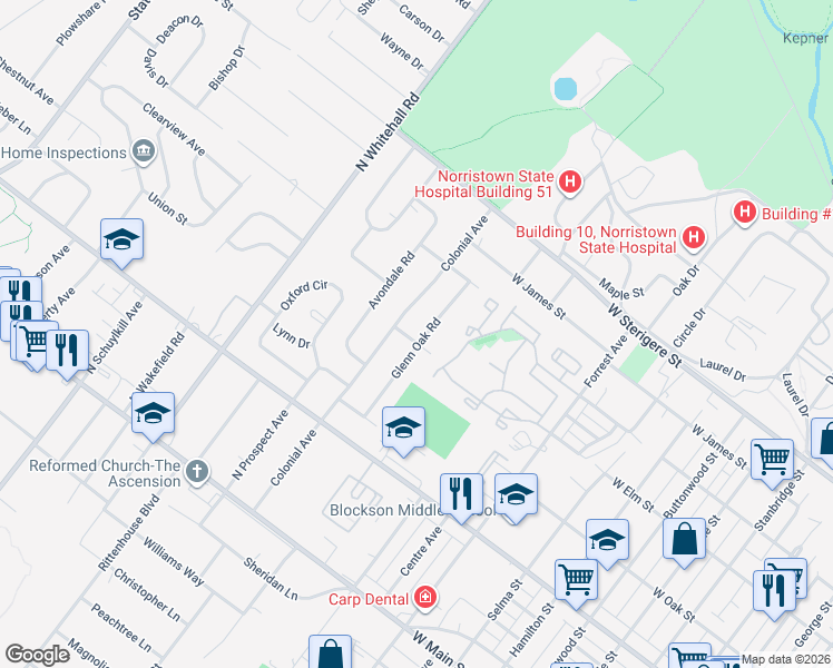 map of restaurants, bars, coffee shops, grocery stores, and more near 132 Glenn Oak Road in Eagleville