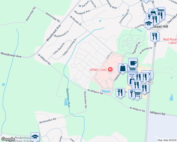 map of restaurants, bars, coffee shops, grocery stores, and more near 421 Patriots Way in Lititz