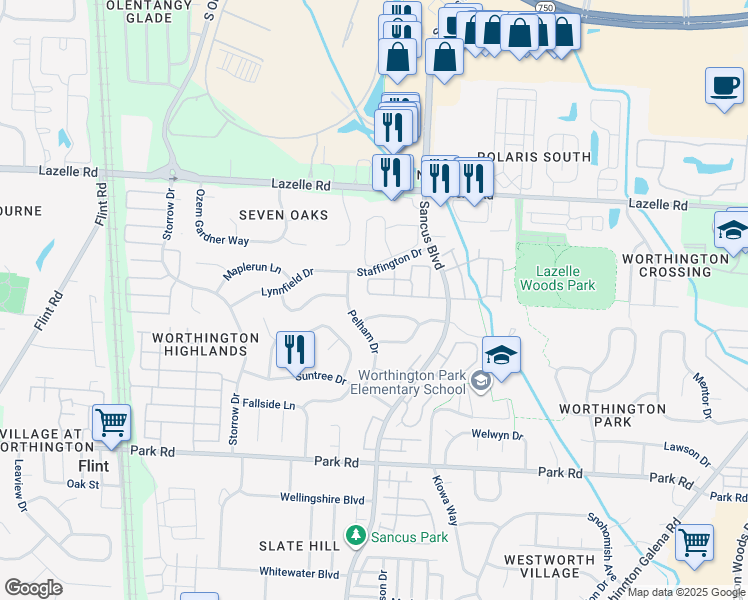 map of restaurants, bars, coffee shops, grocery stores, and more near 8199 Charlotte Way Avenue in Westerville