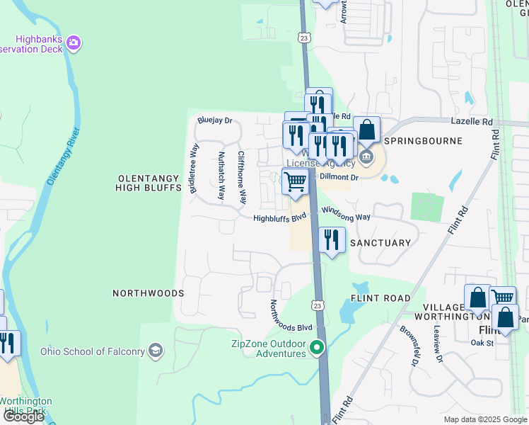 map of restaurants, bars, coffee shops, grocery stores, and more near 8288 Linton Boulevard in Columbus